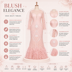 Vestido de Noche de Lujo Color Rosa Rubor con Plumas de Sirena para Mujer |   Vestido de Fiesta Bordado de Diseñador |   Vestidos Elegantes para Bodas y Recepciones - Product Image 5