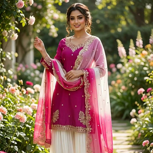 Ensemble Kurta Palazzo en crêpe français brodé pour femmes avec dupatta en organza – Tenue de soirée ethnique de créateur - Product Image 1