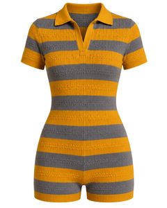 Mono de punto a rayas amarillo y gris para mujer, manga corta, cuello polo, algodón, verano, informal, de una pieza, ajustado, diseño personalizado - Product Image 4