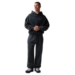 Ensemble de survêtement gris foncé à capuche pour homme, coupe ample, en coton, avec pantalon et sweat-shirt, décontracté, pour l'automne, couleur unie, poches latérales - Product Image 3