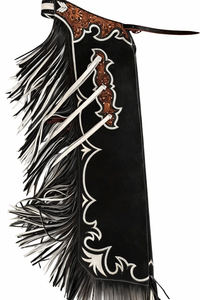 Pantalones de cuero repujado con diseño floral occidental, cierre de hebilla y botón, diseño atlético para competición, flecos en blanco y negro, ajuste regulable - Product Image 3