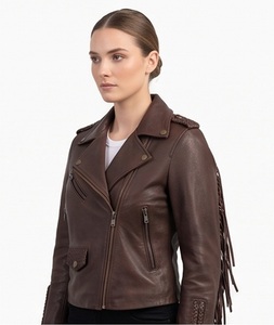 Wholesale Women Fringe <b>Tweed</b> <b>Jacket</b> Vintage <b>Brown</b> Western Cowgirl Biker Heated Windproof Genuine Tassel Motorcycle Coat - Product Image 2