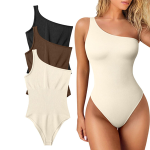 Body de punto de un solo hombro para mujer, de cintura alta, control de abdomen, faja moldeadora, color liso, sexy, para discoteca, primavera-verano, transpirable - Product Image 2