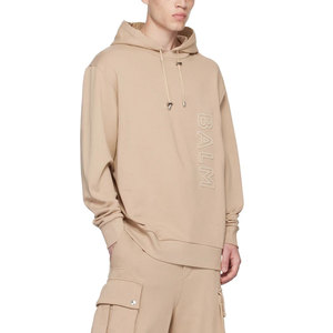 Sweat-shirt à capuche surdimensionné beige personnalisé pour homme avec logo brodé verticalement, style streetwear décontracté - Product Image 4