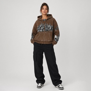 Custom <b>Brown</b> Distressed Zip Up Hoodie With Graphic Print Rhinestone Streetwear Sweatshirt For Unisex Comfort Wear - Product Image 5