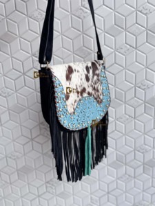 Sac à bandoulière en cuir de style occidental pour femmes, frange en fourrure de vachette de couleur turquoise, sac à main bohème multi-usage, lettre - Product Image 2