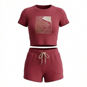 Conjunto de 2 Piezas para Mujer, Top Corto de Manga Corta y Pantalones Cortos por Encima de la Rodilla, Estampado Geométrico, Ropa Casual de Primavera/Verano - Product Image 1