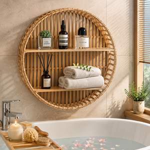 Wholesale Premium Natural Bamboo Round Wall <b>Shelf</b> Storage Organizer for Hotel Spa Restaurant Bathroom - Product Image 1