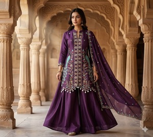 Conjunto de Kurta y Palazzo Largo Bordado para Mujer al por Mayor con Dupatta |   Traje Étnico de Seda Romana Viscosa Premium |   Boda Diwali - Product Image 2