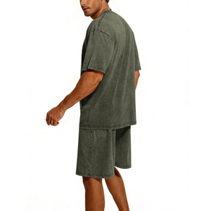 Conjunto de chándal personalizado con lavado ácido para hombre, conjunto de pantalón corto y camiseta en blanco, estilo hip hop, adecuado para otoño y verano. - Product Image 4
