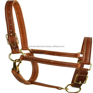 Tan en cuir véritable double pli cheval licou robuste fait à la main entièrement réglable cheval course licou avec du matériel en laiton - Product Image 6