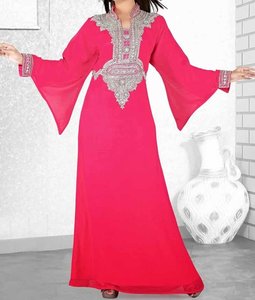 Vestido Largo de Fiesta Casual para Mujer, Color Rosa, con Cuentas, Cuello Alto, Manga Larga, de Poliéster Sólido, Estilo Abaya Modesto, Talla Grande - Product Image 3