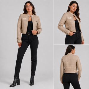 Women's Motorcycle <b>Quilted</b> PU Leather <b>Jacket</b> Solid <b>Pattern</b> Stand Collar Zipper Front Cropped Style Belt Detail Windproof - Product Image 6