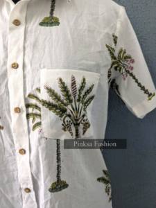 Chemise à manches courtes pour homme en coton 100% Sanganeri, imprimé à la main, écologique, séchage rapide, motif palmier tropical, été - Product Image 4