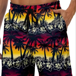 Shorts pour hommes à imprimé tropical, taille élastique avec cordon de serrage, pour la plage, l'été, la natation, les loisirs et les vacances, coloré, blanc, haut de gamme, chemise d'été pour hommes - Product Image 1