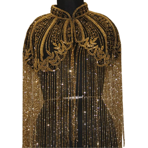 Élégante cape en dentelle géométrique brodée d'or et de sequins, à franges, écologique, faite à la main, de luxe, pour femme, style vintage, pour soirée - Product Image 4
