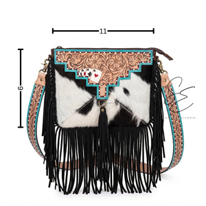 Western Genuine Leather Vintage Fringe Sling Bag Turquoise Crossbody <b>Purse</b> Outdoor Travel Hair on Hide Cowgirl Bag - Product Image 4
