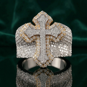 Iced Cross <b>Ring</b> VVS1 Moissanite 925 <b>Sterling</b> <b>Silver</b> Rhodium Plated Prong <b>Set</b> Hip Hop Statement RCK Global Band Unisex Jewelry - Product Image 1