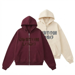 Sudadera con capucha y cremallera con logo personalizado, oversize, unisex, color granate y beige, informal, para otoño, estilo streetwear. - Product Image 1