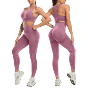 Women <b>Pink</b> Seamless Yoga <b>Set</b> Sports Bra High Waist Leggings 2 Piece Full Length Racerback Crop Top Breathable - Product Image 2