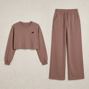 Ensemble sweat-shirt court pour femme, haut à manches longues et col rond avec pantalon à jambes larges et cordon de serrage, tenue décontractée deux pièces assortie B2B - Product Image 5