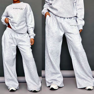ASH <b>GREY</b> WIDE LEG <b>WOMEN'S</b> SWEATSHIRTS SET CUSTOM LOGO 100% COTTON <b>FLEECE</b> JOGGERS ROUND NECK OVERSIZE SWEATSHIRT TRACKSUITS - Product Image 3