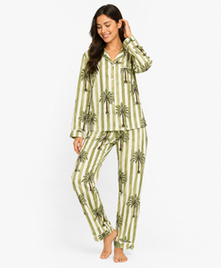 Ensemble de pyjama long en coton imprimé palmiers et rayures olive de qualité supérieure pour femme – Vêtement de nuit décontracté fait main, un chef-d'œuvre, idéal comme cadeau - Product Image 6