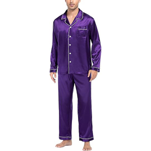 Pijamas de satén de seda para hombre, ropa de dormir clásica de manga larga, color morado liso, con bolsillos, ropa de otoño - Product Image 1