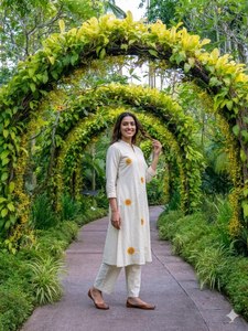 High-Quality Pure Cotton A-<b>Line</b> Kurta for Women - Embroidered Ethnic Wear Long Tunic with Straight <b>Pants</b> - Sustainable Handloom - Product Image 3