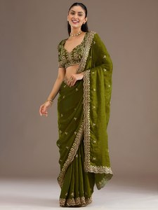 Sari en satin de soie vert brodé avec bordure en sequins et jari dori, élégant pour mariage, fête ou festival - Product Image 2