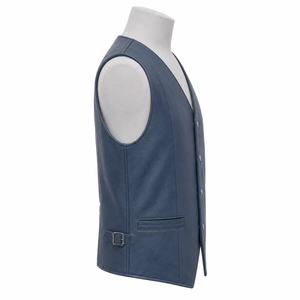 <b>Men's</b> Plus Size Autumn Navy Blue V-Neck Leather Look <b>Vest</b> Casual Outerwear Single Breasted Button Closure 100% Leather Cotton - Product Image 4