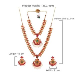 Conjunto de Collar, Pendientes y Tocado de Perlas de Imitación con Baño de Oro, Diseño Floral Largo Rani Haar, Joyería Étnica de Moda - Product Image 3
