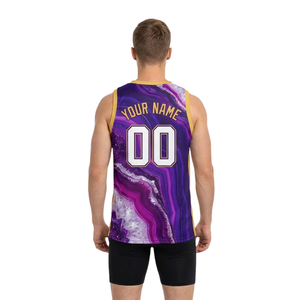 Ensemble de maillot de basket imprimé marbre pour hommes, haut sans manches à col en V et short ajusté uni avec nom et numéro de joueur personnalisés - Product Image 2