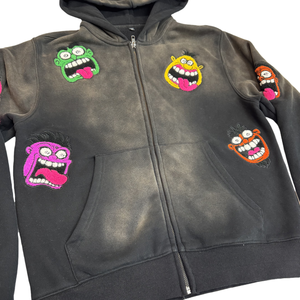 Sweat à capuche zippé en coton 100% de haute qualité, respirant, avec patch en chenille, broderie appliquée effet serviette, style décontracté, effet délavé, en molleton - Product Image 4