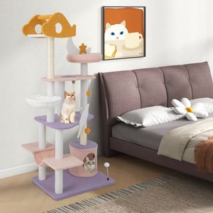 66-Inch Cute <b>Cat</b> <b>Tree</b> with Multi-Level Tall <b>Cat</b> Tower and Sisal Covered <b>Scratching</b> Posts - Product Image 3