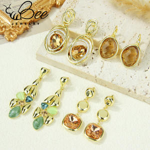 Vintage Retro French Style Big <b>Crystal</b> <b>Stud</b> <b>Earrings</b> 14k Colored Elegant Copper Long Drop <b>Earring</b> For Evening Party - Product Image 5