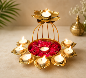 Handcrafted <b>Metal</b> Lotus Urli with 9 Tealight Holders Lid Decorative Diya <b>Bowl</b> for Home Festive Christmas & Wedding Use - Product Image 1