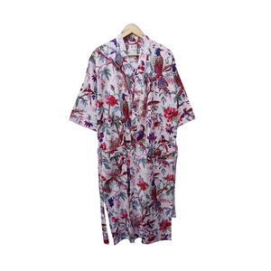 Kimono de algodón premium con estampado floral de pájaros, cuello en V, largo, con cinturón, para estar en casa, suave y transpirable. - Product Image 1