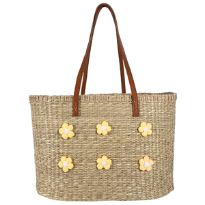 Bolso Tote Rectangular Tejido a Mano con Apliques de Flores Amarillas y Asas de Cuero, Bolso de Mimbre Ecológico - Product Image 1