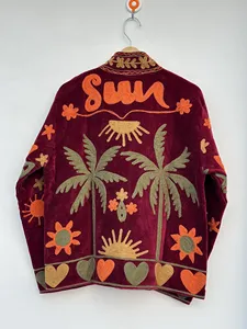 Bohemian Burgundy <b>Velvet</b> Suzani <b>Jacket</b> with Tropical Floral Embroidery Full Sleeve Stand Collar Women's Autumn Outerwear - Product Image 3