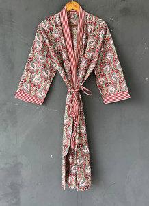 Bata tipo kimono con cuello en V y estampado floral de algodón para mujer, bata de baño ligera de manga larga y corte holgado, bata suave y transpirable - Product Image 4