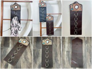 Porte-écharpe en cuir artisanal 2026 avec motif floral turquoise, en cuir de vachette, avec anneau métallique, pour fixation murale - Product Image 3