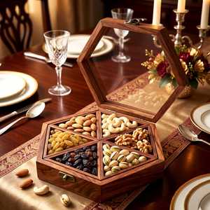 Caja de Almacenamiento de Madera con Compartimentos Divididos para Frutos Secos, Exhibición de Mesa, Hecha a Mano, Madera Sólida Cuadrada Pulida - Product Image 1