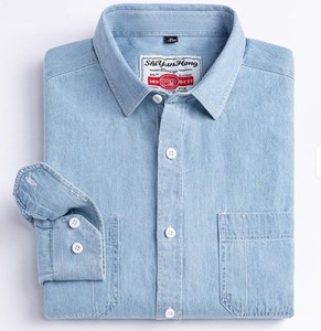 Men's Light Blue Denim Shirt Long Sleeve Button <b>Down</b> Regular Fit Casual Topstitch Detail Stonewash Cotton Fabric - Product Image 5