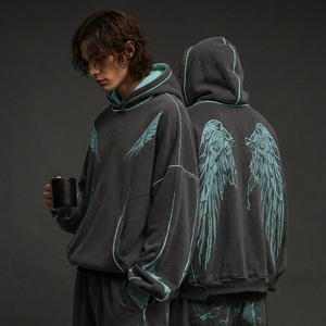 Sweat à capuche d'hiver à coupe ample avec imprimés Angel et surpiqûres contrastées, qualité supérieure, grammage lourd, logo personnalisé pour la mode urbaine - Product Image 2