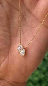 Women's 1+1CT Two Stone Diamond Necklace <b>Emerald</b> Pear Cut Lab Grown Diamond <b>Pendant</b> IGI Certified 14K Yellow Gold Classic - Product Image 5