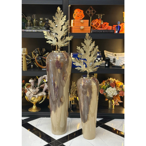 Vase de sol artisanal en métal marbré neutre avec couronne métallique décorative, grand récipient de luxe pour décoration intérieure, support à fleurs pour mariage - Product Image 5