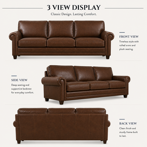 Sofá Chesterfield Tradicional de Cuero Genuino, 3 Plazas, Brazos Redondos, Respaldo Ajustado, Patas de Madera Tapizadas, Sofá de Cuero para Sala de Estar - Product Image 3
