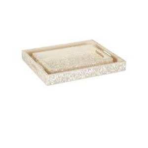 Ensemble de 3 plateaux de service élégants en nacre faits à la main, décoratifs avec motifs floraux et poignées, pour table basse - Product Image 3