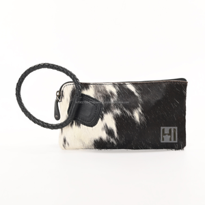 Vintage Cowhide Hair-On Leather Clutch <b>Bag</b> | Handmade Knitted Handle Zipper Purse | Western Summer Fashion Handbag - Product Image 1